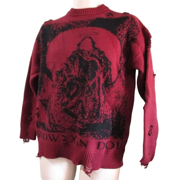 Distressed Salvation Priest Graphic Knit Tattered Thrashed Gothic Sweater EUC XL - Picture 2 of 16